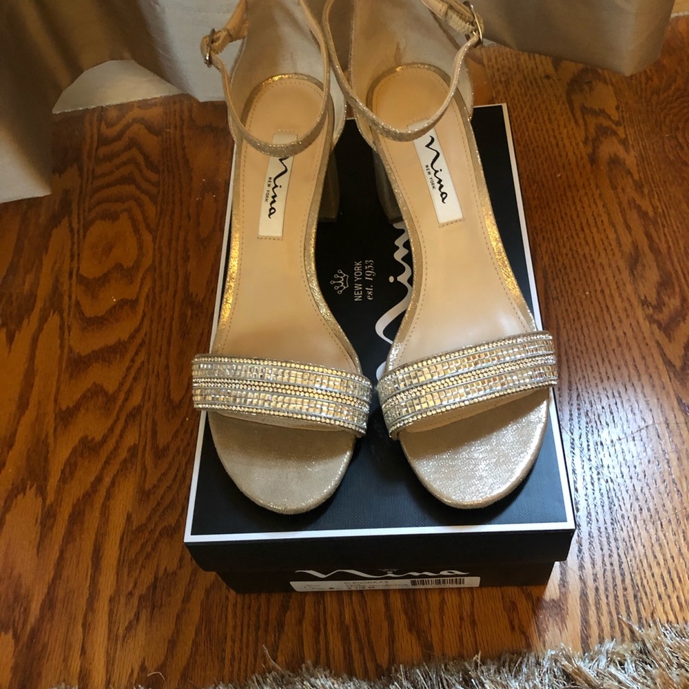 Nina block heel gold and crystal sandals